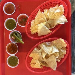 Chips and salsas from the salsa bar