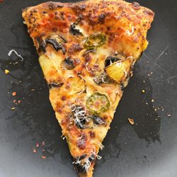 Pancho’s Pizza - A slice of the Hawaiian pizza, substituting jalapeño and mushroom for the ham. Yummy!
