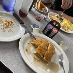 Spanish omelet and a 2 stack with hasbrowns