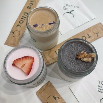 Tong Sui - T29 Earl Grey Coconut Pudding, T26 Black Sesame Coconut Pudding, strawberry chocolate. - Desserts Near Me - San Mateo, California Tong Sui - T29 Earl Grey Coconut Pudding, T26 Black Sesame Coconut Pudding, strawberry chocolate. - Desserts Near Me - San Mateo, California