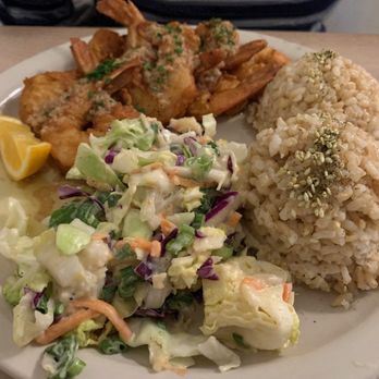 Kau Kau - Garlic Shrimp - Crispy Shrimp with Garlic Scampi Sauce with Two Scoops of Brown Rice, and Vegan Pineapple Slaw - Asian Fusion Near Me - Sacramento, California