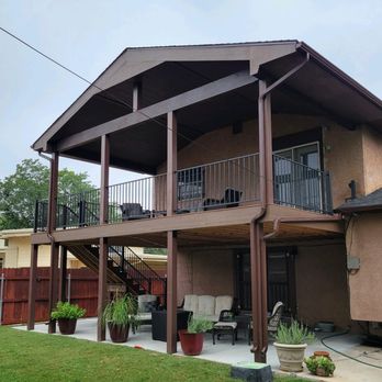 Western Elements - 2nd Level Deck with Gable Roof and Stairs to Ground. New Concrete Patio. - Decks & Railing Near Me Western Elements - 2nd Level Deck with Gable Roof and Stairs to Ground. New Concrete Patio. - Decks & Railing Near Me