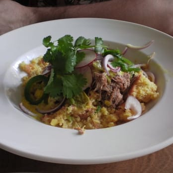 Tilia - Braised Pork Shoulder; johnny cake, sweet corn-poblano "hollandaise," radish, red onion, lime & cilantro - New American Near Me - Minneapolis, Minnesota Tilia - Braised Pork Shoulder; johnny cake, sweet corn-poblano "hollandaise," radish, red onion, lime & cilantro - New American Near Me - Minneapolis, Minnesota