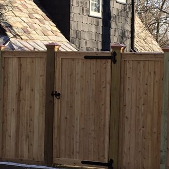 Artistic Fence - Wood gate  cooper post caps - Fences & Gates Near Me - Passaic, New Jersey