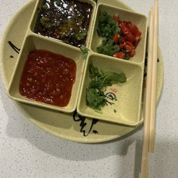 Sauces from sauce station-so many yummy options and great to make your own combinations Sauces from sauce station-so many yummy options and great to make your own combinations