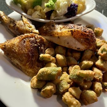 Charleston's - 1/2 oven roasted chicken, fried okra, & veggies - Comfort Food Near Me - Oklahoma City, Oklahoma Charleston's - 1/2 oven roasted chicken, fried okra, & veggies - Comfort Food Near Me - Oklahoma City, Oklahoma