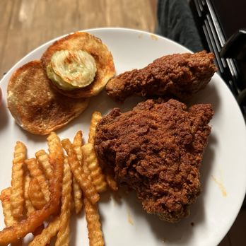 Main Chick Hot Chicken - My dark pieces and some of the fries at home, along with bun and pickles. Thigh portion very generous. - Chicken Shop Near Me - Pasadena, California