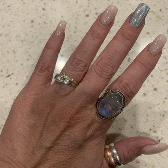 Swan's Nail Spa - Acrylic Full Set, Gel Nail Polish with halo-gram accent nail. Medium length - slight coffin shape - Nail Salons Near Me - Menifee, California