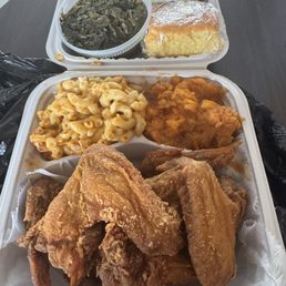 Fried Wings Dinner (4pc) Cornbread, Yams, Mac & Cheese, Collard Greens, Potato Salad Fried Wings Dinner (4pc) Cornbread, Yams, Mac & Cheese, Collard Greens, Potato Salad