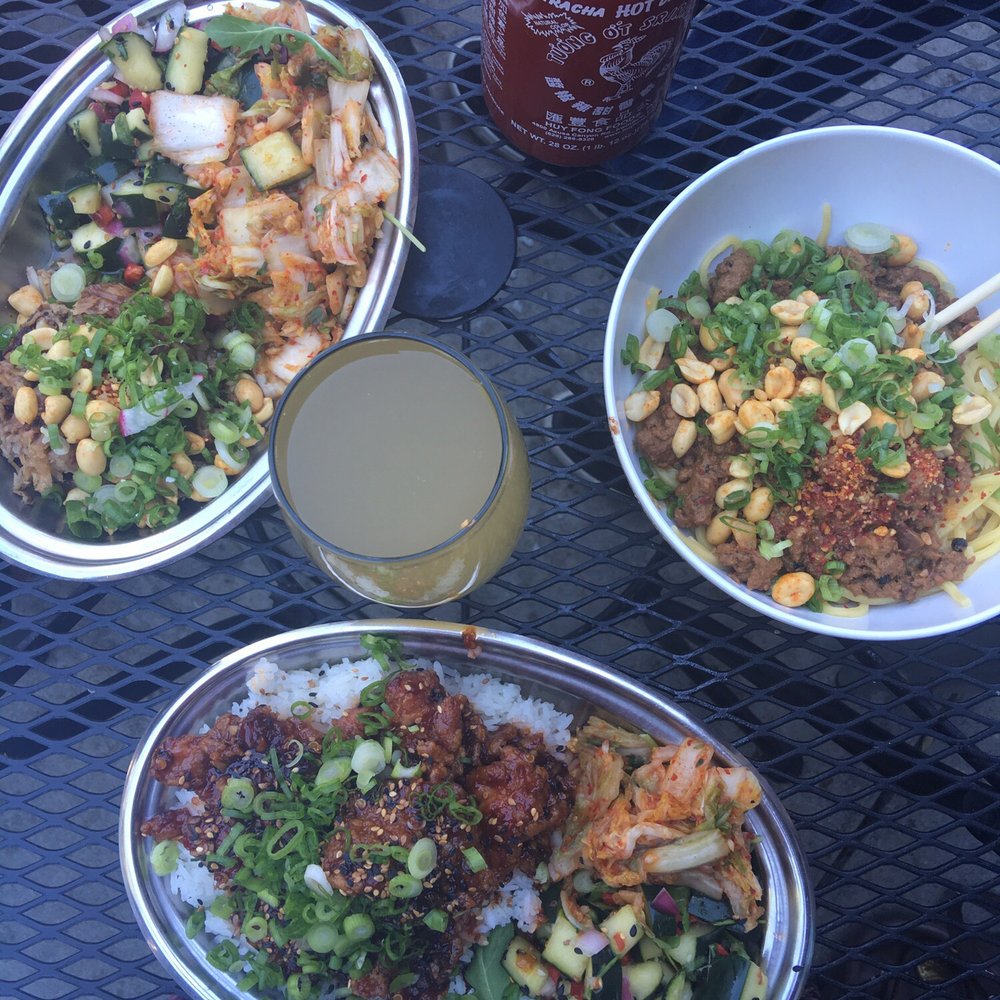 Spork - Pork rice bowl, Dan Dan noodles, Fried Chicken, and a glass of kombucha. - Mexican Near Me - Bend, Oregon Spork - Pork rice bowl, Dan Dan noodles, Fried Chicken, and a glass of kombucha. - Mexican Near Me - Bend, Oregon