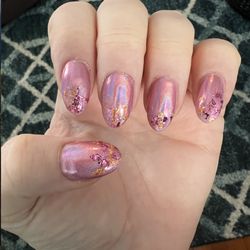 Pink chrome, foil nails, spring nails, cherry blossom nails