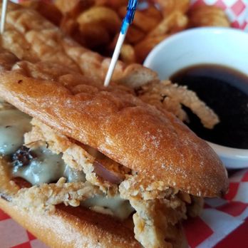 The Filling Station - Special Chuckwagon, burger dip with fried onions, yum. - American Near Me - Bellingham, Washington