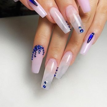 Oasis Nails - Pink and marble w/ sapphire rhinestone details - Nail Salons Near Me - Livermore, California Oasis Nails - Pink and marble w/ sapphire rhinestone details - Nail Salons Near Me - Livermore, California