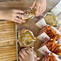 Hat Creek Burger Company - 3 Kids Cheese Burgers with Sweet Potato Fries and Fried Pickles