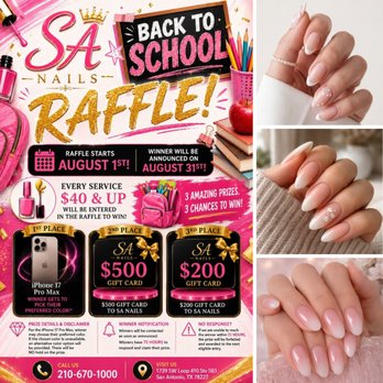 SA Nails Spa - -- !
SA Nails is giving away 3 amazing prizes this August and all you have to - Nail Salons Near Me - San Antonio, Texas SA Nails Spa - -- !
SA Nails is giving away 3 amazing prizes this August and all you have to - Nail Salons Near Me - San Antonio, Texas