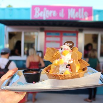 Boxi Park - Vanilla ice cream with mango and waffle toppings - Bars Near Me - Orlando, Florida Boxi Park - Vanilla ice cream with mango and waffle toppings - Bars Near Me - Orlando, Florida