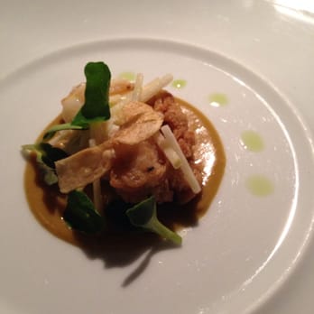 Chez TJ - Dish 5 (11/23/13) Dungeness Crab - sweetbreads, vadouvan, nasturium, apple, garlic, tarragon - French Near Me - Mountain View, California