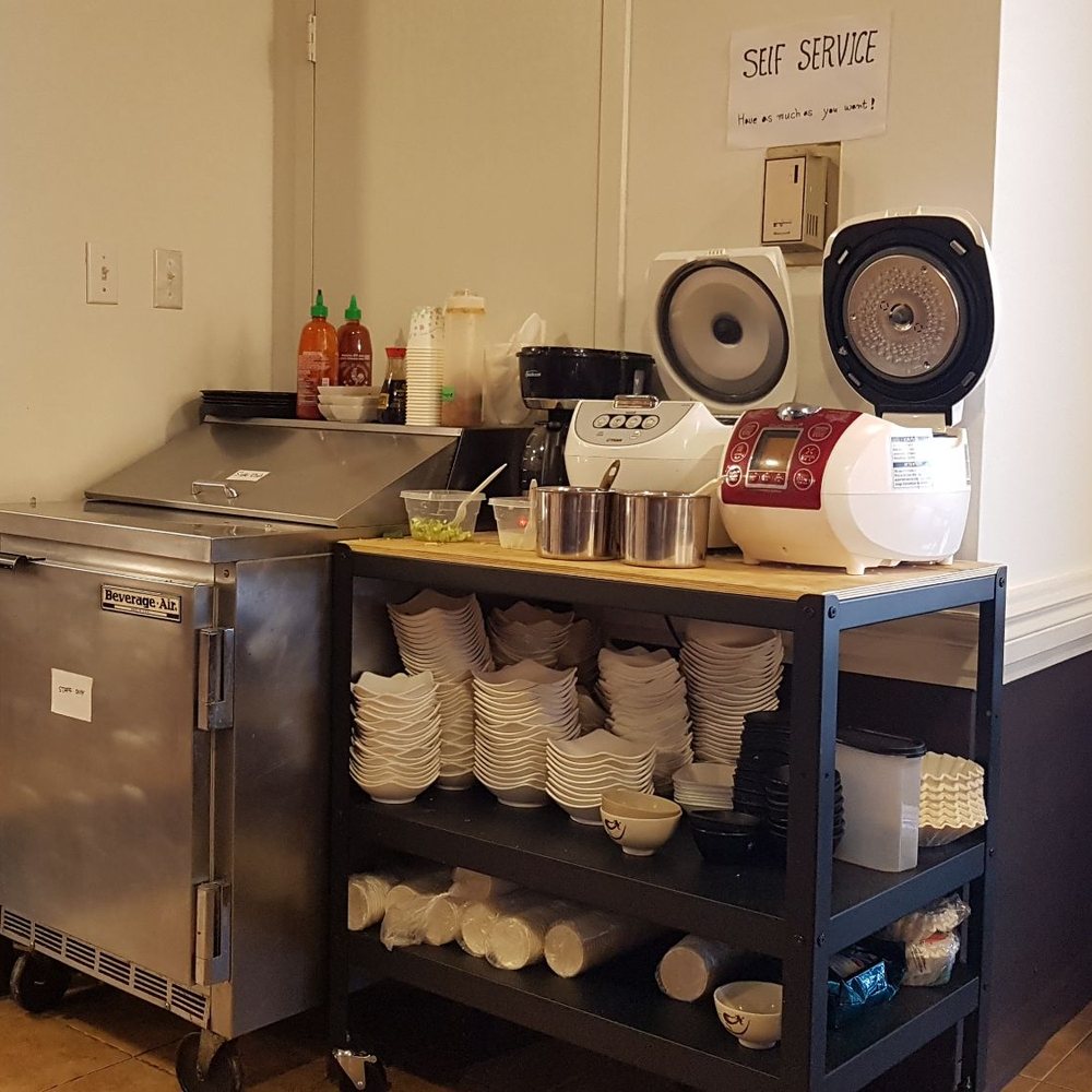 Bo Ri Korean Restaurant - Rice, Miso soup and condiment self serve station. - Japanese Near Me - Calgary, Alberta