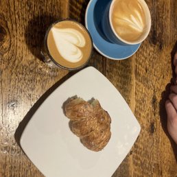 cappuccino & cortado with oat milk -- garlic croissant!