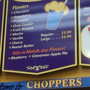 Choppers - DIY shake menu... My favorites are PB&J and the strawberry, banana, cherry and blueberry. Fresh fruit in every flavor!! - Burgers Near Me - Chicago, Illinois