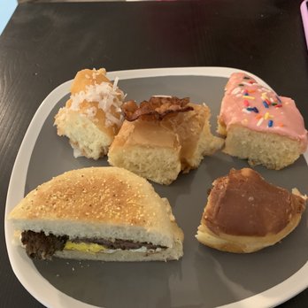 Early Bird Donuts - Coconut, maple bacon, raspberry icing, chocolate icing, sausage & egg on English muffin (no cheese). - Donuts Near Me - Durham, North Carolina