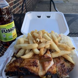 1/2 Chicken, Rice, Fries & Drink $10. Can easily feed 2 people. 1/2 Chicken, Rice, Fries & Drink $10. Can easily feed 2 people.