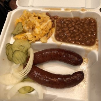 BBQLIFE - 1 One Meat Plate with sausage, Mac and cheese and sweet beans - Barbeque Near Me - San Antonio, Texas