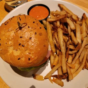 True Food Kitchen - Vegan burger with walnut pattie and airfried french fries. Excellent eauce on the side. - New American Near Me - El Segundo, California