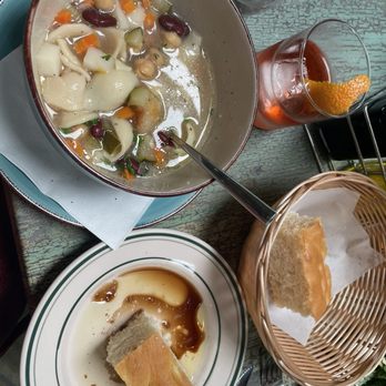 Crazee For Pasta - Absolutely delicious homemade minestrone, focaccia bread dipped in balsamic and olive oil and my Negroni, (top right). - Italian Near Me - Rancho Cordova, California