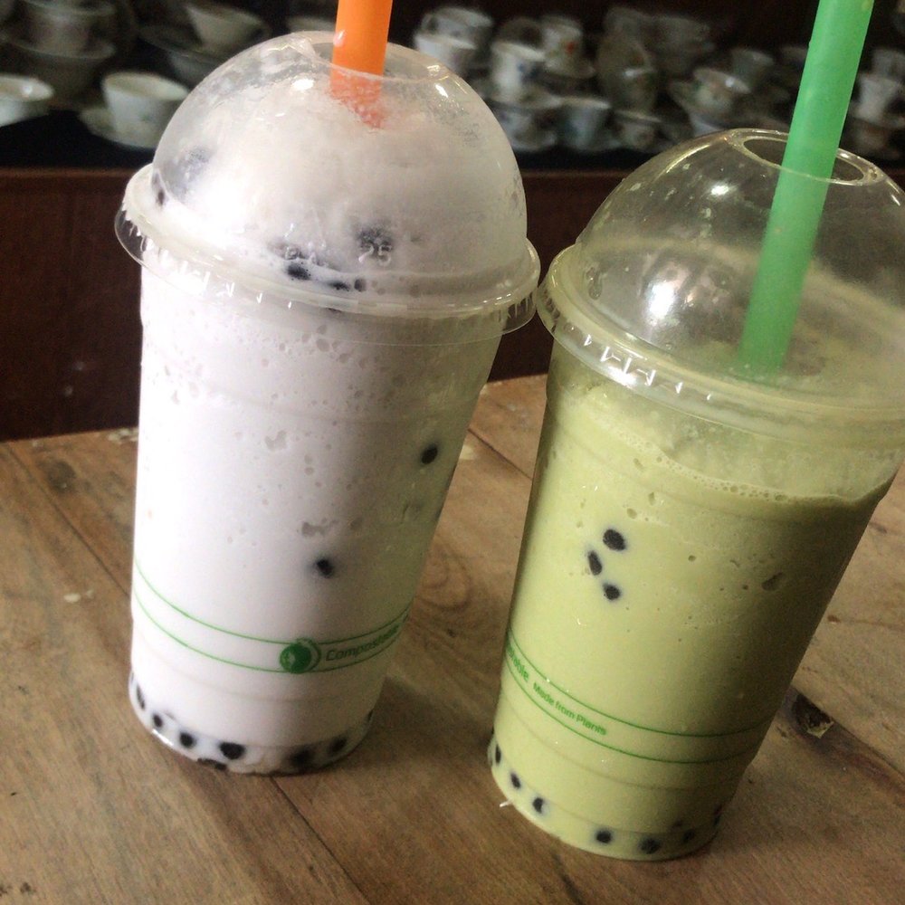 Taro mixed with Almond bubble tea, Green Tea bubble tea Taro mixed with Almond bubble tea, Green Tea bubble tea