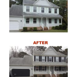 Brush It On Paint - Before picture of our house with the awful mint green shutters. After picture of the house after Ash did a great job!
