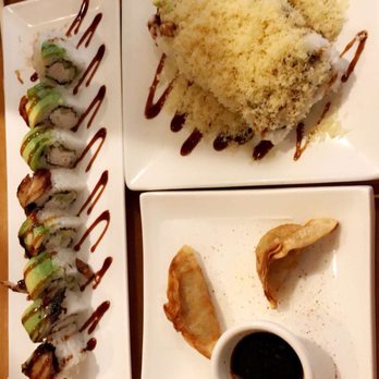 Hello Sushi - Dragon roll, Gyoza and crunchy tiger roll. - Sushi Bars Near Me - Fullerton, California