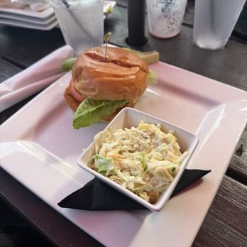 Blue Drum - Crab burger with coleslaw - Seafood Near Me - Little River, South Carolina
