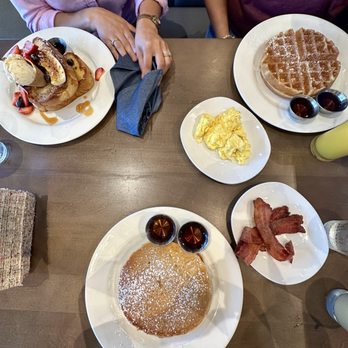 Hash Kitchen - Banana split pancakes, stack of 2 pancakes, Belgian waffle, eggs, Applewood Smoked Bacon - Breakfast & Brunch Near Me - Pearland, Texas Hash Kitchen - Banana split pancakes, stack of 2 pancakes, Belgian waffle, eggs, Applewood Smoked Bacon - Breakfast & Brunch Near Me - Pearland, Texas