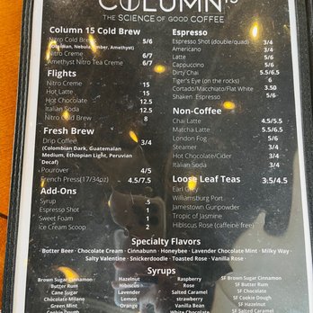 Column 15 - Menu (March 2023) - Coffee & Tea Near Me - Williamsburg, Virginia
