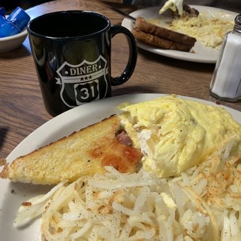 Diner 31 - Hawaiian omelette with sour dough bread with coffee. - American Near Me - Manistee, Michigan
