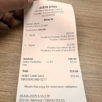 Agege Bites - 53.66 for 2 very small plates. 1 piece of chicken and a small amount of egusi (the egusi barely had palm oil) and 1 pounded yam. - African Near Me - Chandler, Arizona