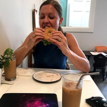 Grounded Coffee Co - oat milk latte. stainless steel straw. sesame bagel sandwhich. good friends & good vibes. - Coffee & Tea Near Me - Windham, Connecticut