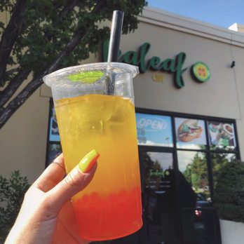Tealeaf Cafe - Passion fruit and mango refresher with strawberry boba - Bubble Tea Near Me - Reno, Nevada Tealeaf Cafe - Passion fruit and mango refresher with strawberry boba - Bubble Tea Near Me - Reno, Nevada