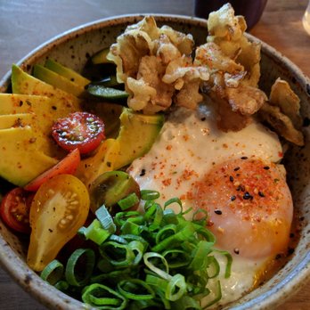 Ramen Shop - Breakfast Donburi - fried miataki mushrooms, egg, avocado, cherry tomatoes, pickled cucumbers - New American Near Me - Oakland, California Ramen Shop - Breakfast Donburi - fried miataki mushrooms, egg, avocado, cherry tomatoes, pickled cucumbers - New American Near Me - Oakland, California