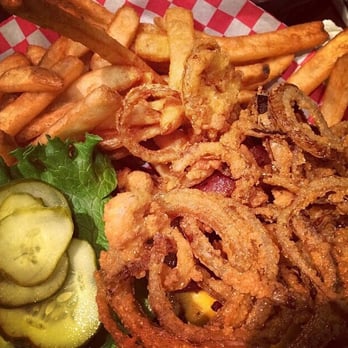 Basement Burger Bar - this is what my burger looked like before i closed the bun. lots of yummy onion strings! i could eat those things by itself! - Salad Near Me - Canton, Michigan Basement Burger Bar - this is what my burger looked like before i closed the bun. lots of yummy onion strings! i could eat those things by itself! - Salad Near Me - Canton, Michigan