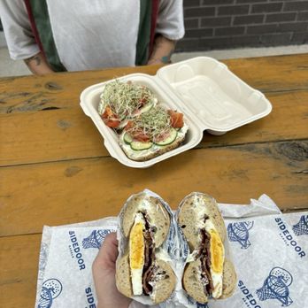 Sidedoor Bagel - Beccy on plain bagel and open faced veggie bagel - Bagels Near Me - Indianapolis, Indiana Sidedoor Bagel - Beccy on plain bagel and open faced veggie bagel - Bagels Near Me - Indianapolis, Indiana