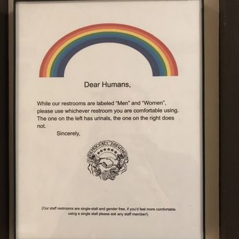 Democracy Brewing - sign outside restrooms - American Near Me - Boston, Massachusetts