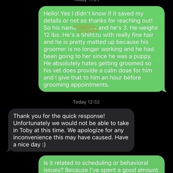 Dog Grooming by Michael  - Text I received the following morning after I booked an appointment online. Very disappointed. - Pet Groomers Near Me - Carrollton , Texas