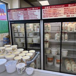 A variety of tofu and soy products as well as mango pudding and others A variety of tofu and soy products as well as mango pudding and others