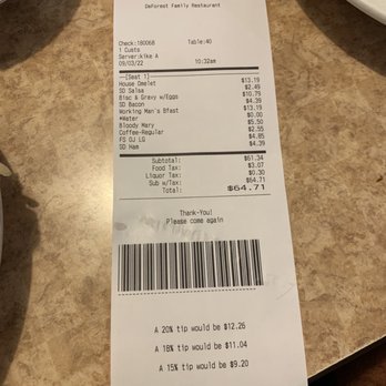 Deforest Family Restaurant - a receipt for a meal - American Near Me - De Forest, Wisconsin
