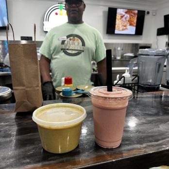 Juice Journey VA - One of the owners Earnest and delicious cauliflower curry soup and a PBJ& Strawberry Smoothie with vegan protein! - Juice Bars & Smoothies Near Me - Richmond, Virginia Juice Journey VA - One of the owners Earnest and delicious cauliflower curry soup and a PBJ& Strawberry Smoothie with vegan protein! - Juice Bars & Smoothies Near Me - Richmond, Virginia