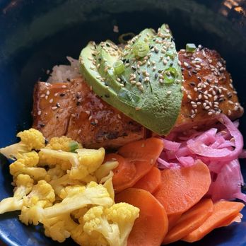 The Terrace - Miso Ginger Salmon Bowl-cooked salmon over rice with pickled veggies-Everything in the bowl was amazing! - Asian Fusion Near Me - Hanalei, Hawaii