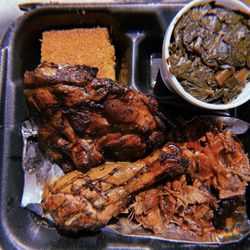 Thomas' Smokey Pit Stop - 2 Meat Platter Jerk chicken, Chopped Brisket, Collard Greens, Cornbread