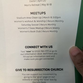 Resurrection Church - Bulletin on back of sermon notes - Churches Near Me - Tacoma, Washington